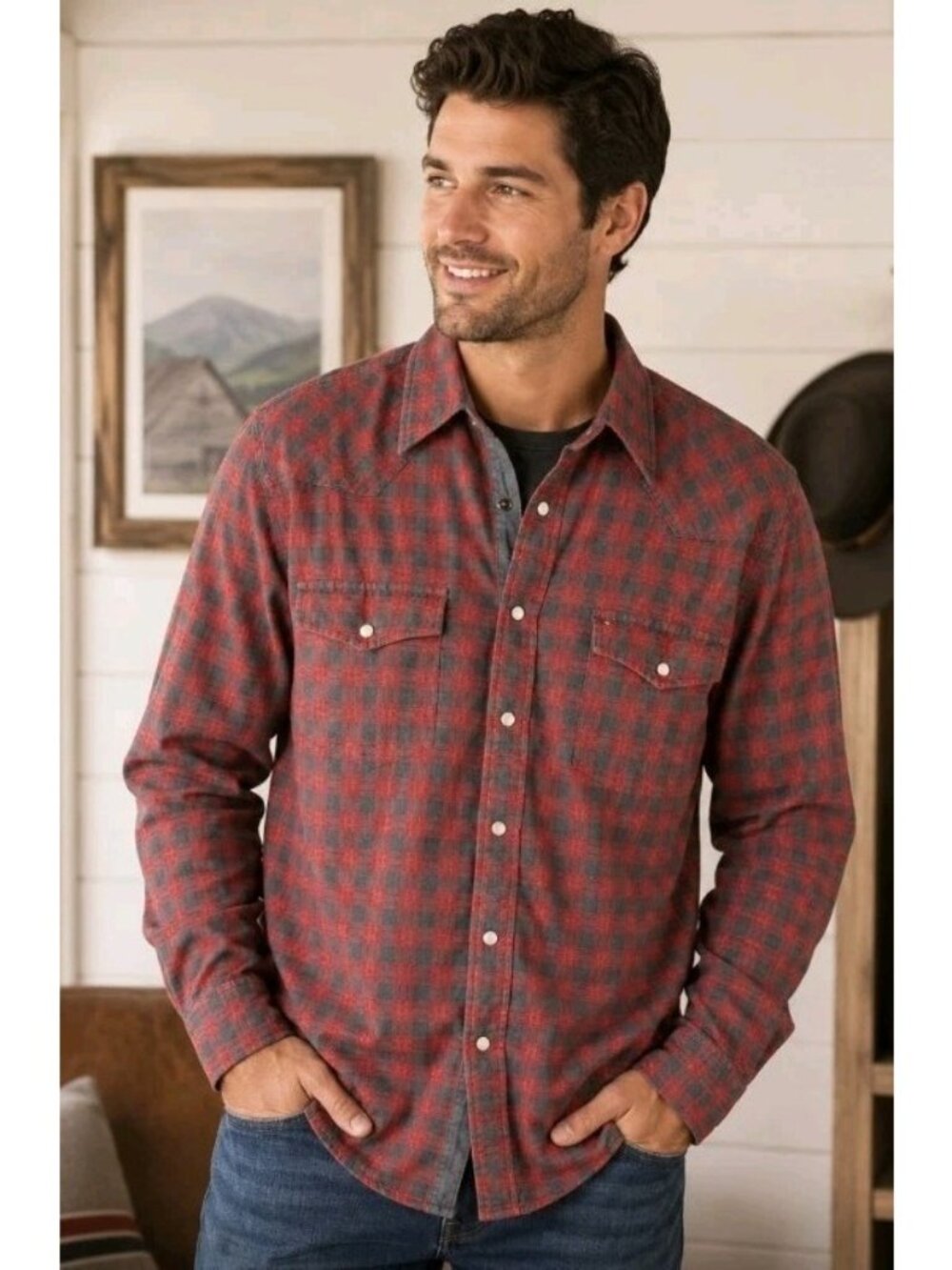 Vtg Tommy Hilfiger Mens Plaid Pearl Snap Shirt Western Cowboy Casual Size L Red